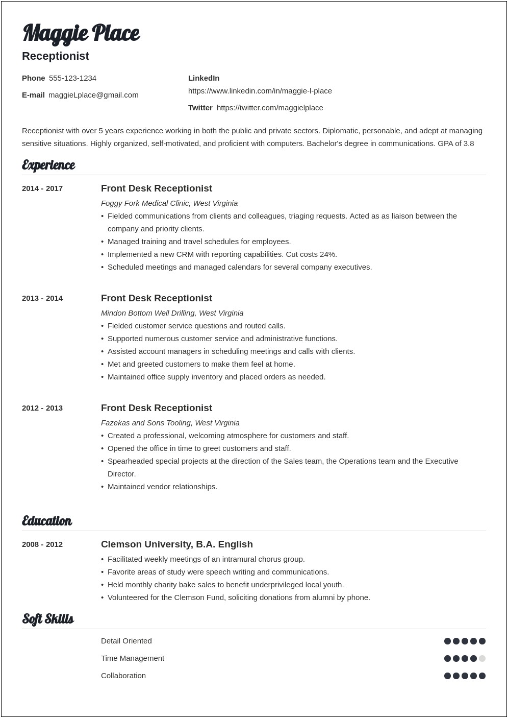 Resume Objective Sample For Spa Receptionist