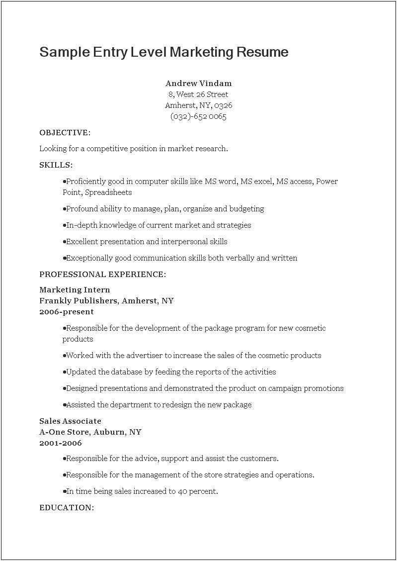 Resume Objective Statement Entry Level Development