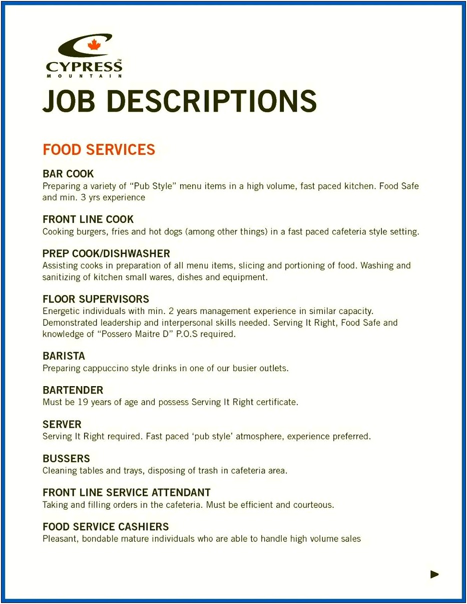 Resume Objective Statement For Fast Food