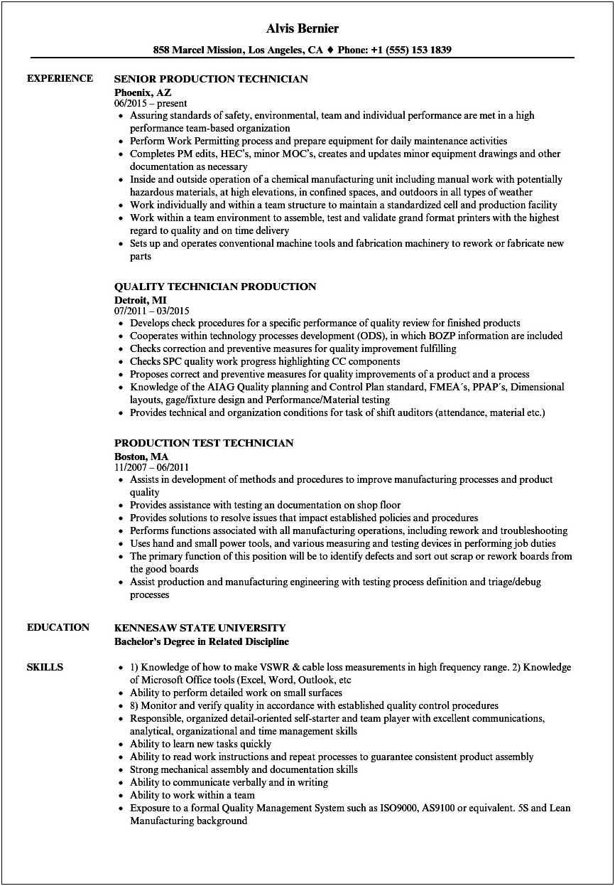 Resume Objective Statement For Manufacturing Technician