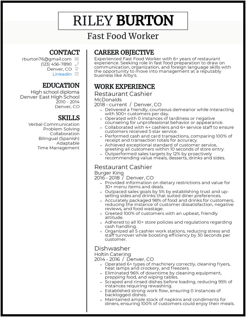 Resume Objective To Work In A Restaurant