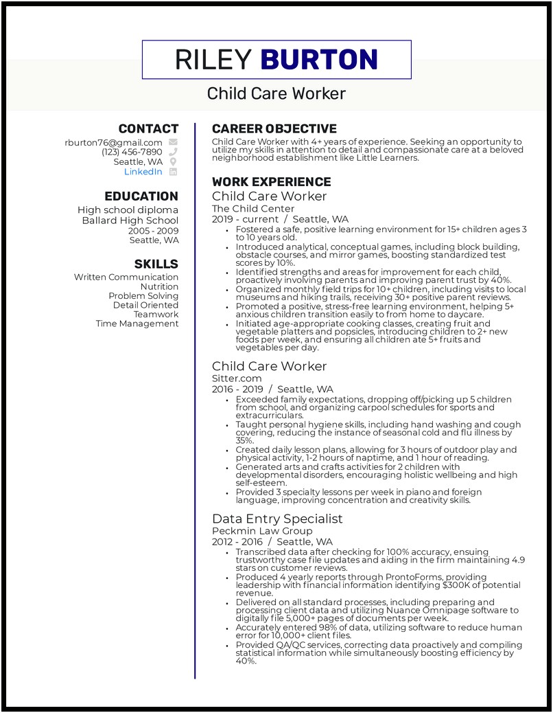 Resume Objective To Work With Children