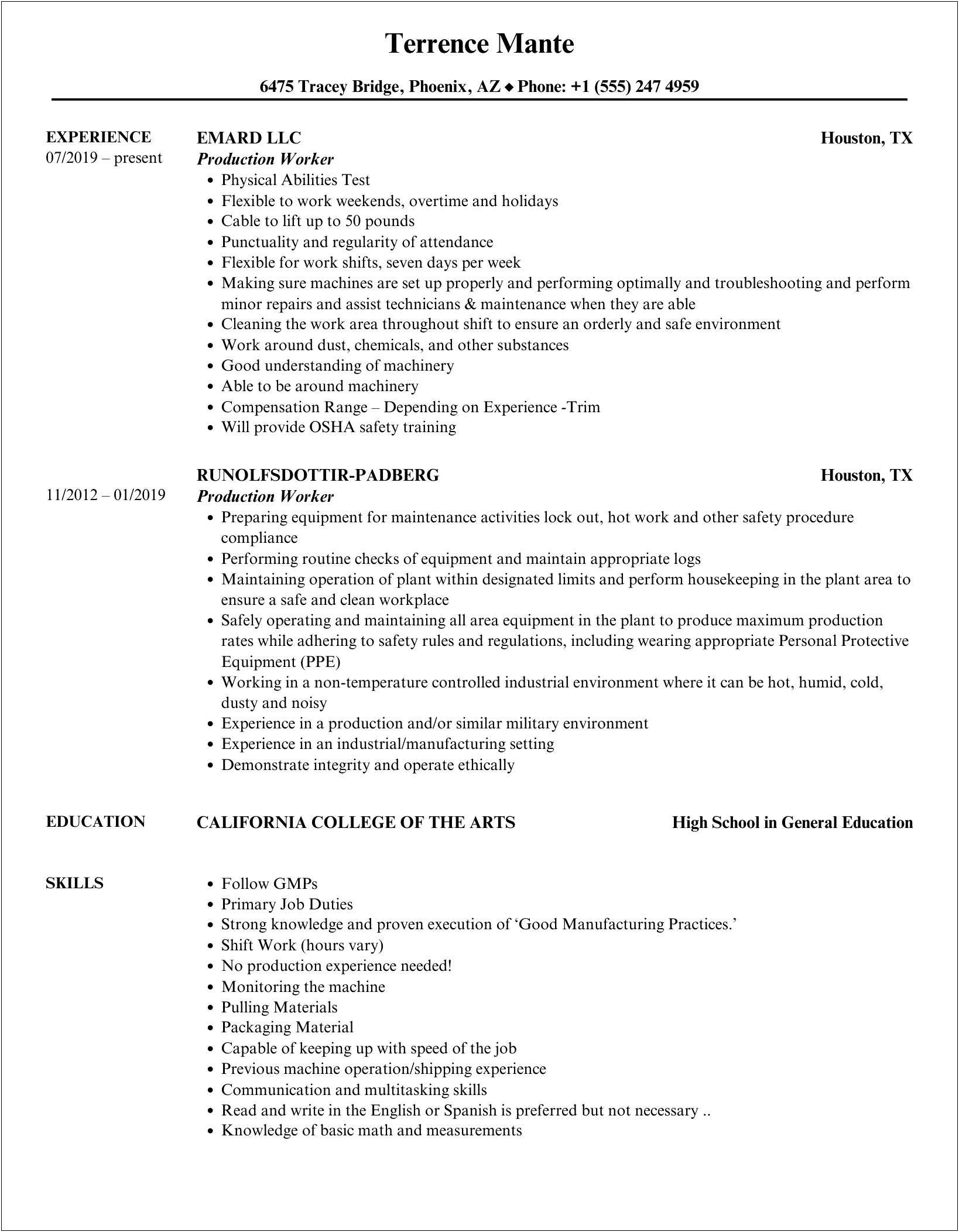 Resume Objectives Examples For Factory Worker