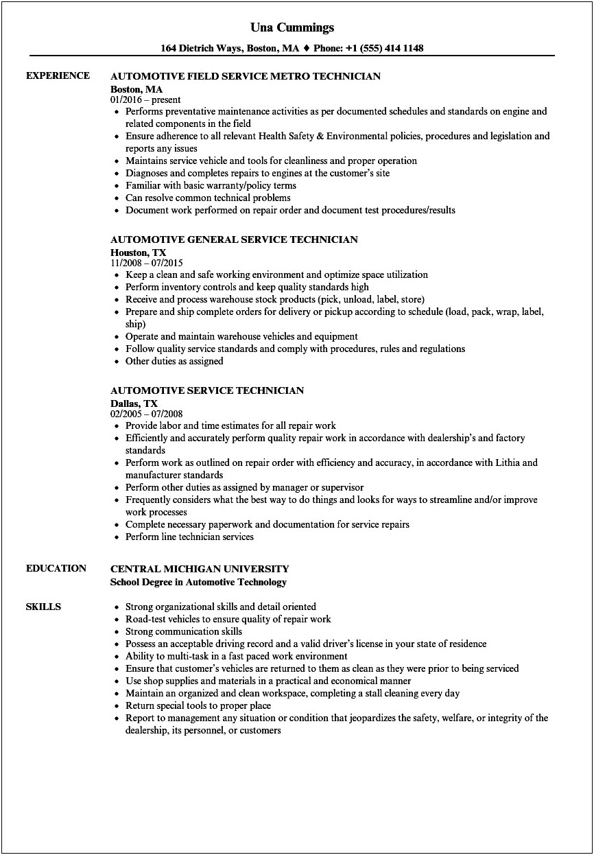 Resume Objectives For Entry Levle Automotive Technicians