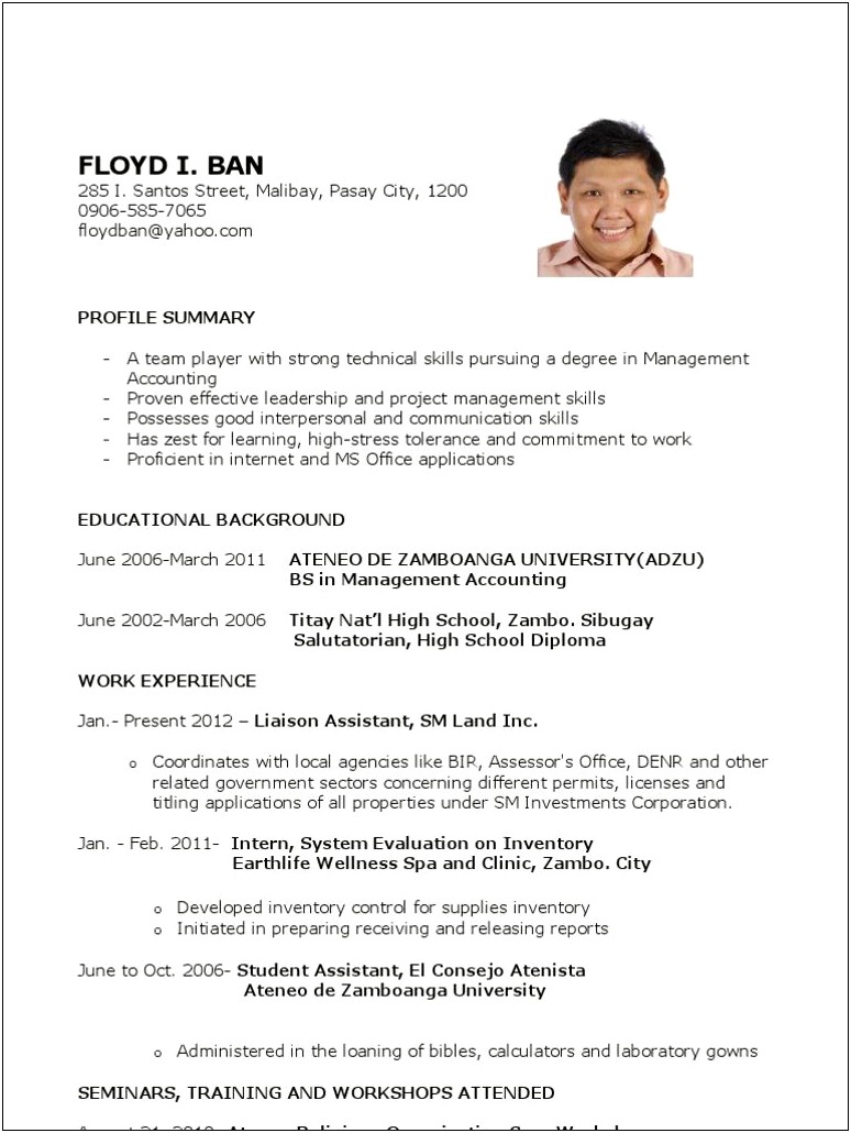 Resume Objectives Sample For Fresh Graduates Philippines