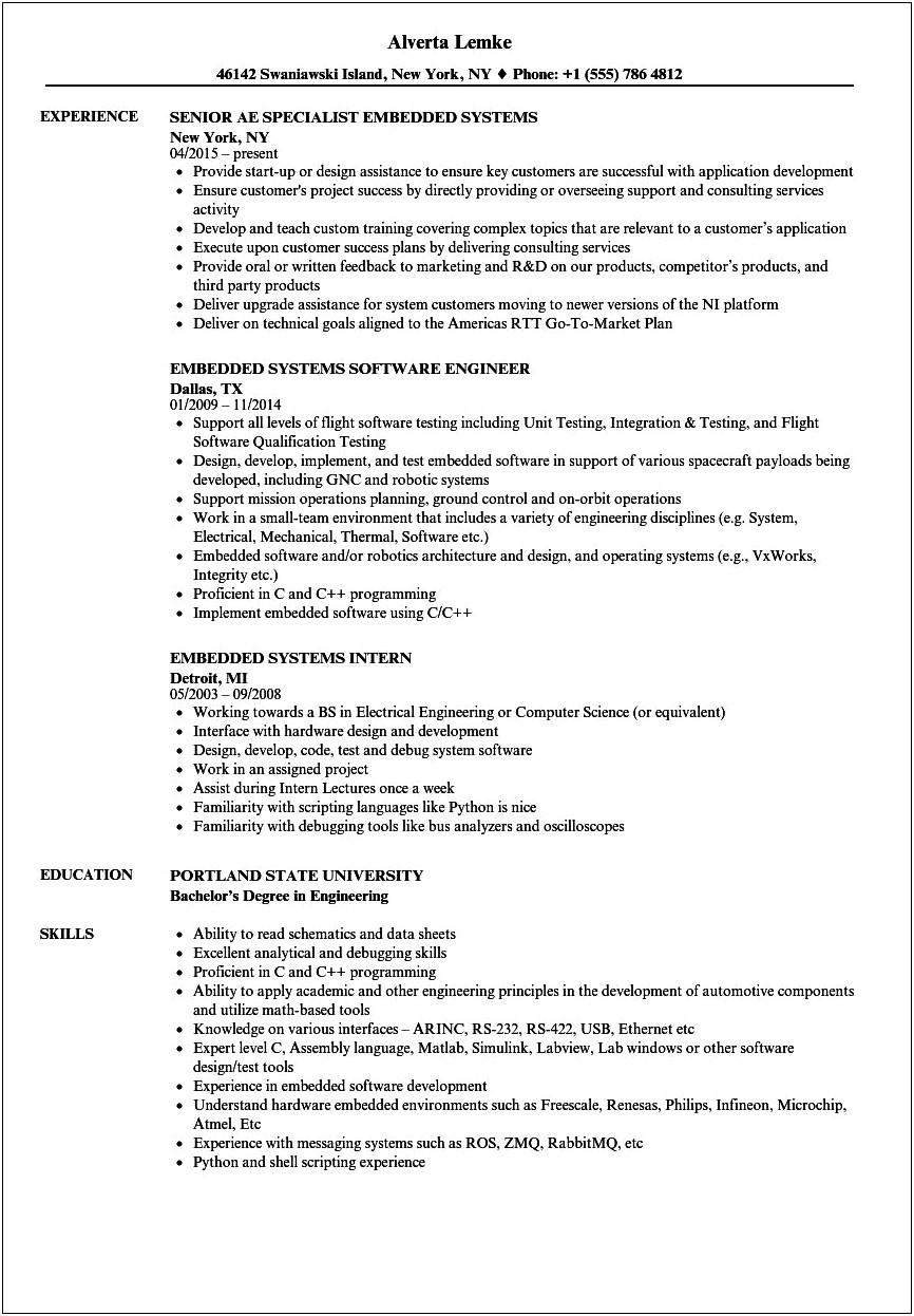 Resume Of 2 Year Experience Embedded Engineer