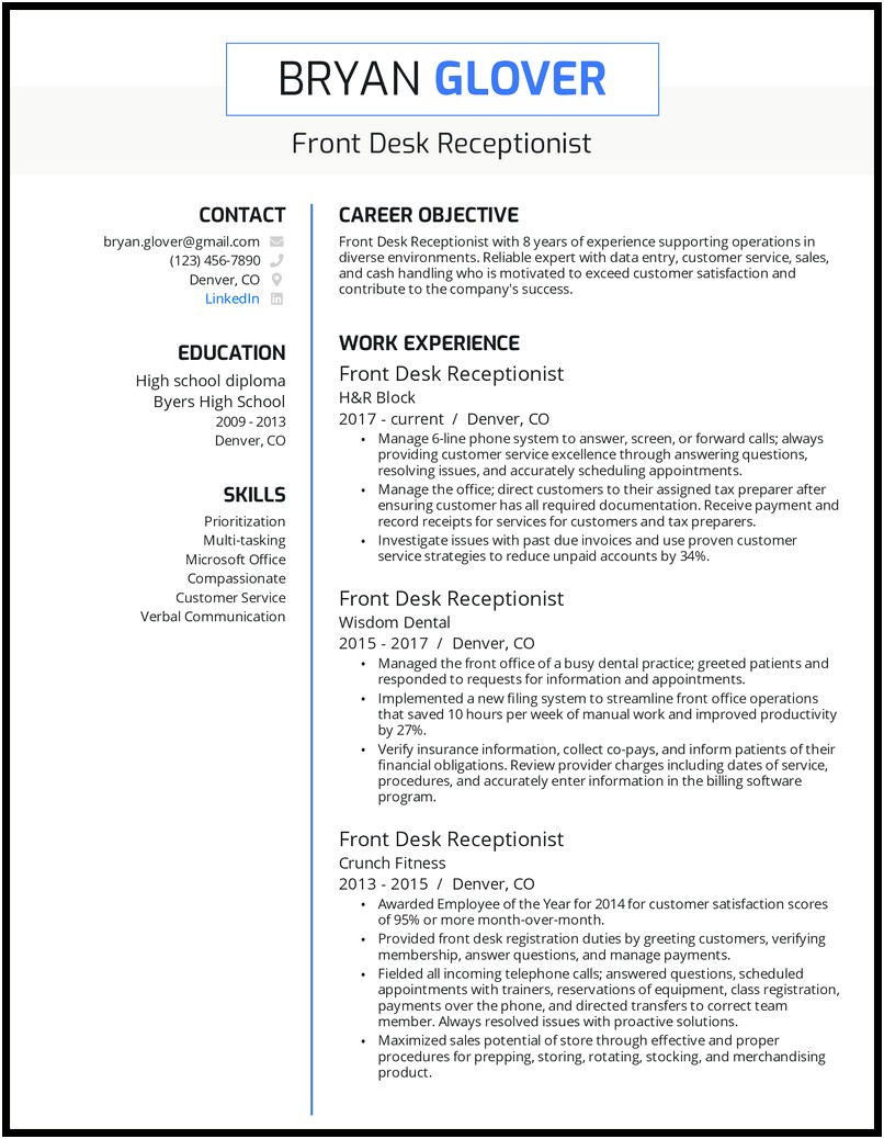 Resume Of A Receptionist For A School Sample