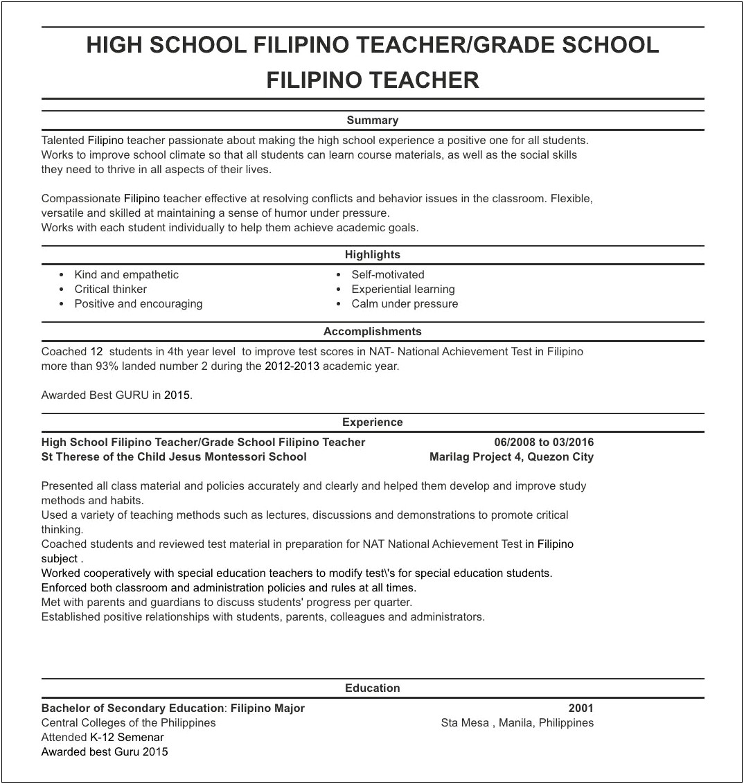 Resume Of A Teacher With No Experience