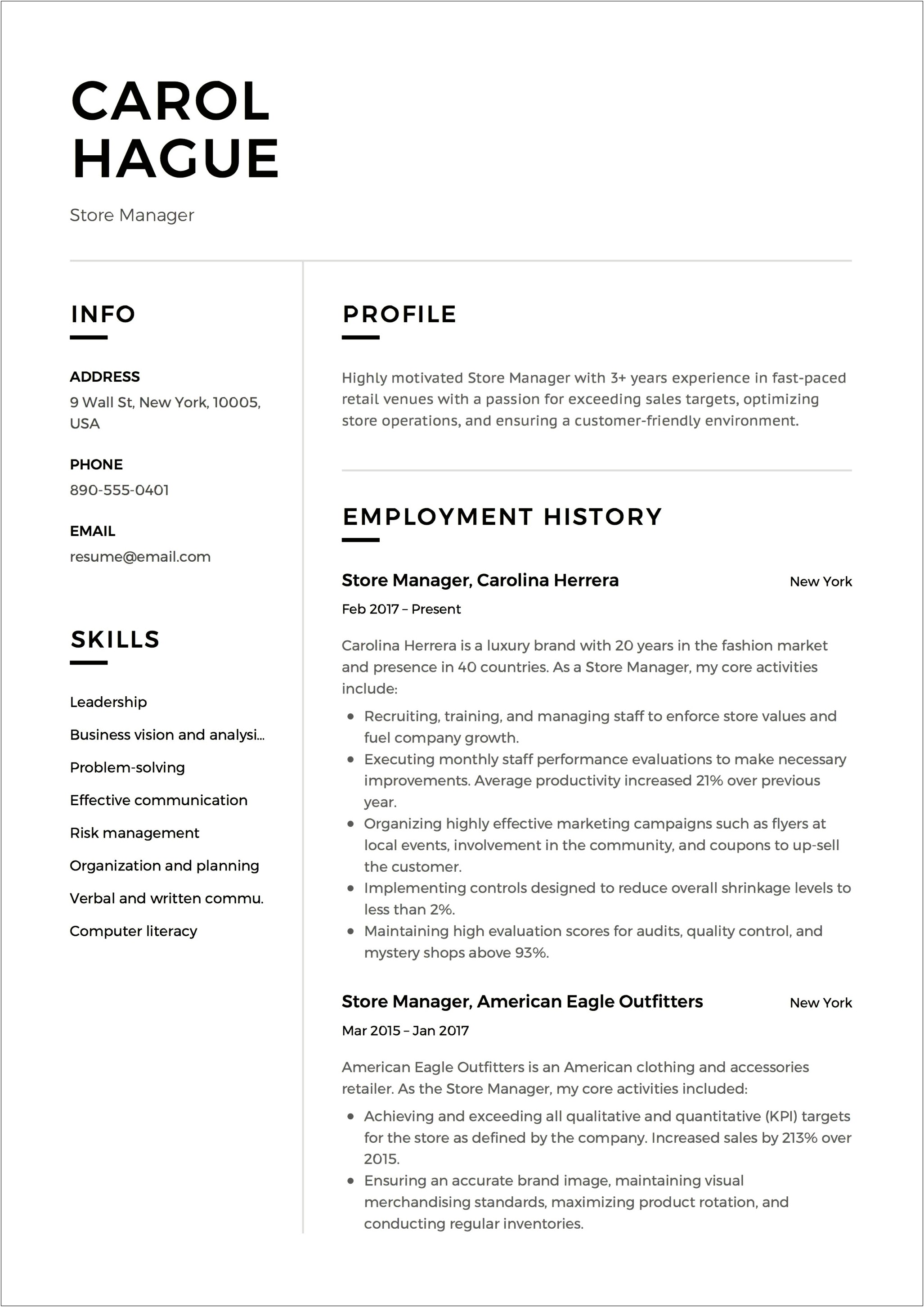 Resume Of Apparel Retail Store Manager