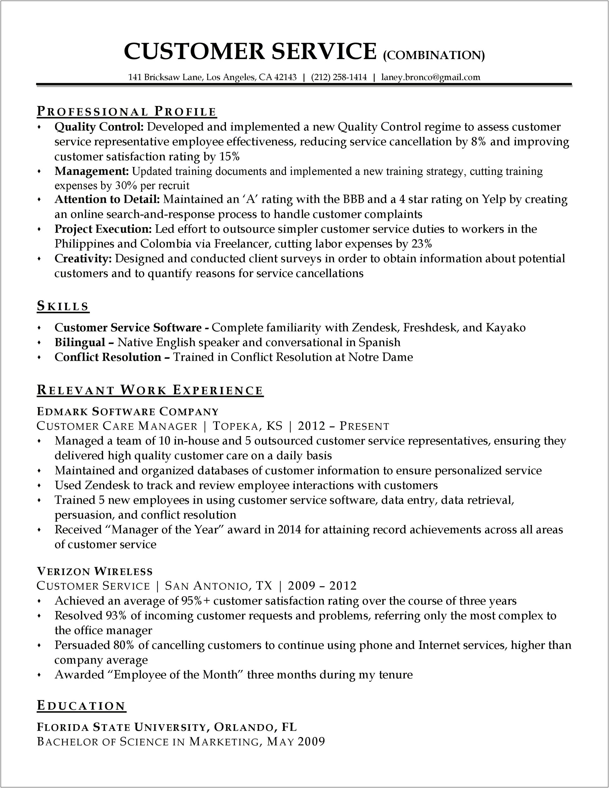 Resume Of Customer Service Manager For Us Job