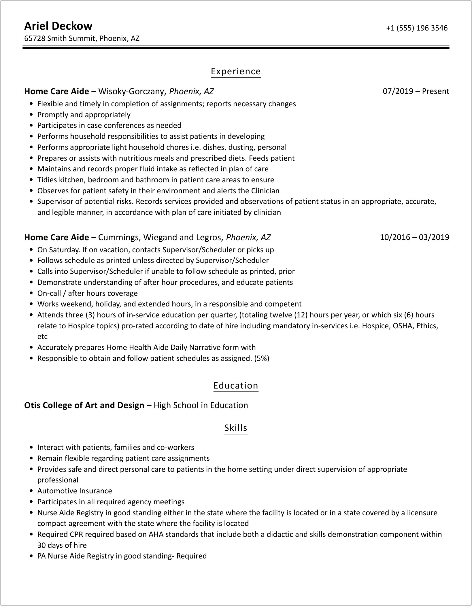 Resume Of Home Health Aide Skills Checklist