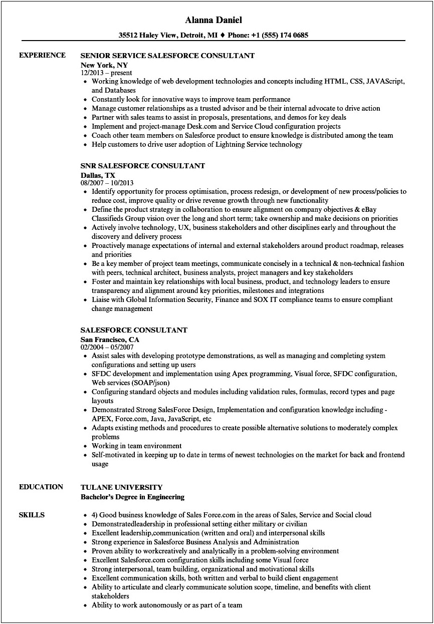 Resume Of Salesforce Developer Experience With Integration