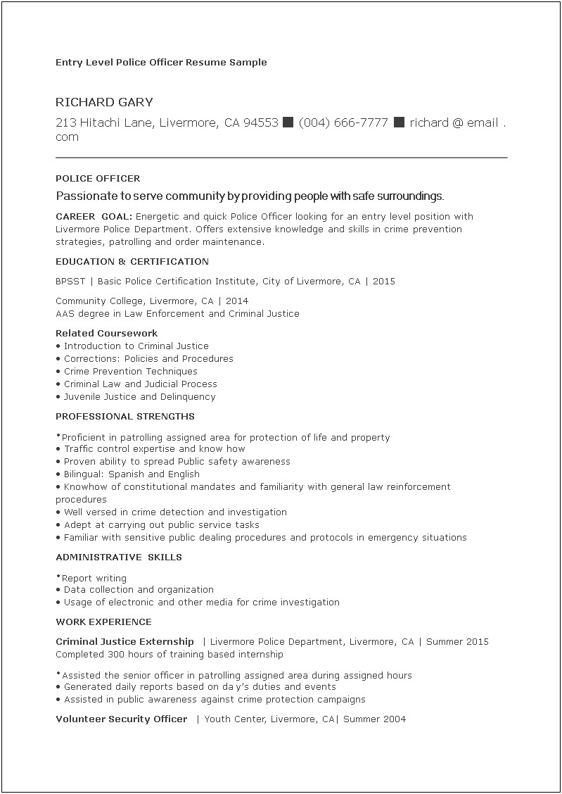 Resume Police Cover Letter No Experience