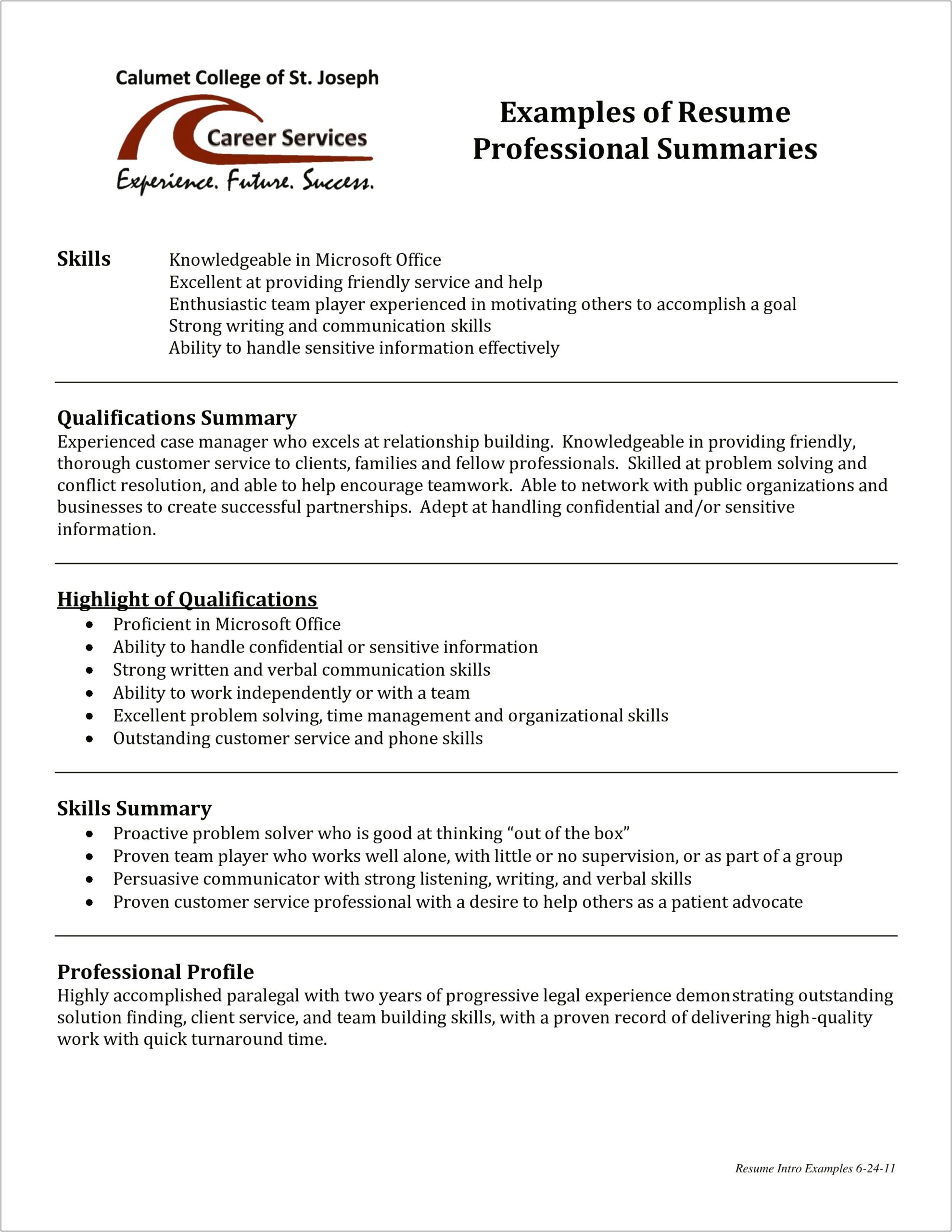 Resume Professional Summary Example In Third Person