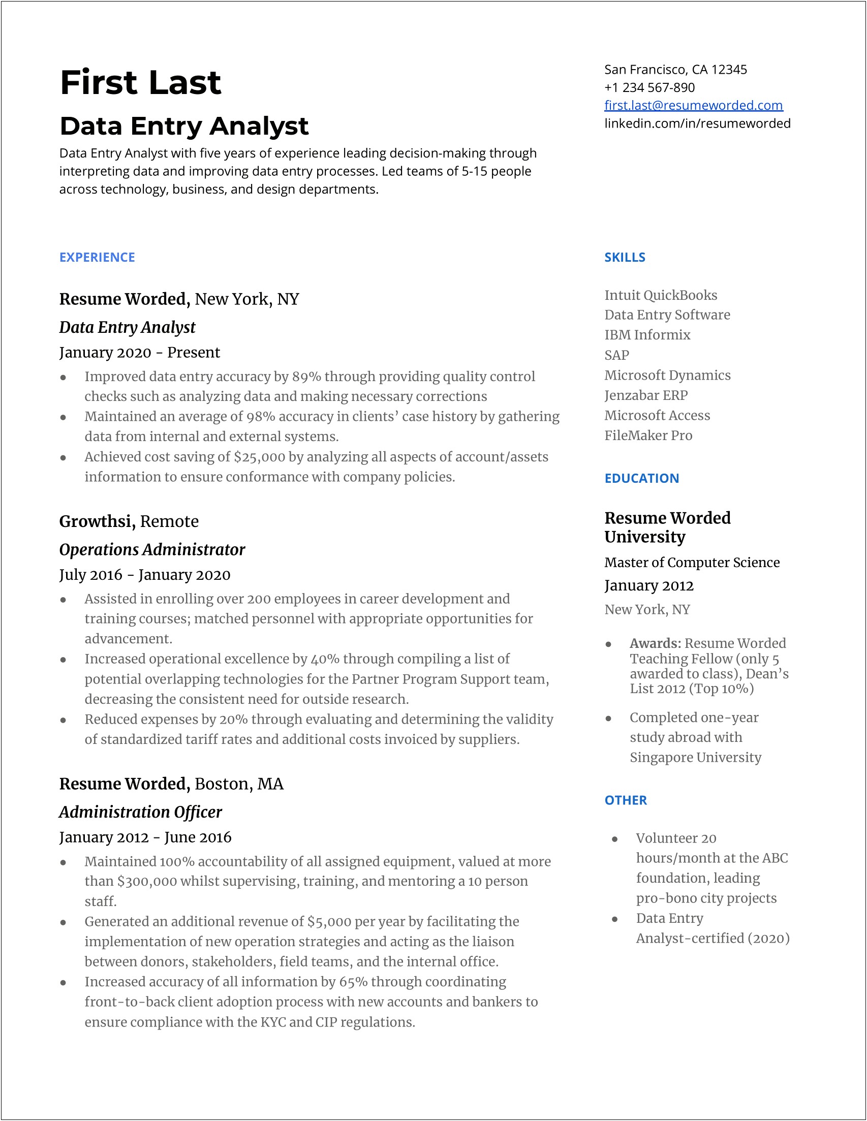 Resume Profile Examples For Data Entry