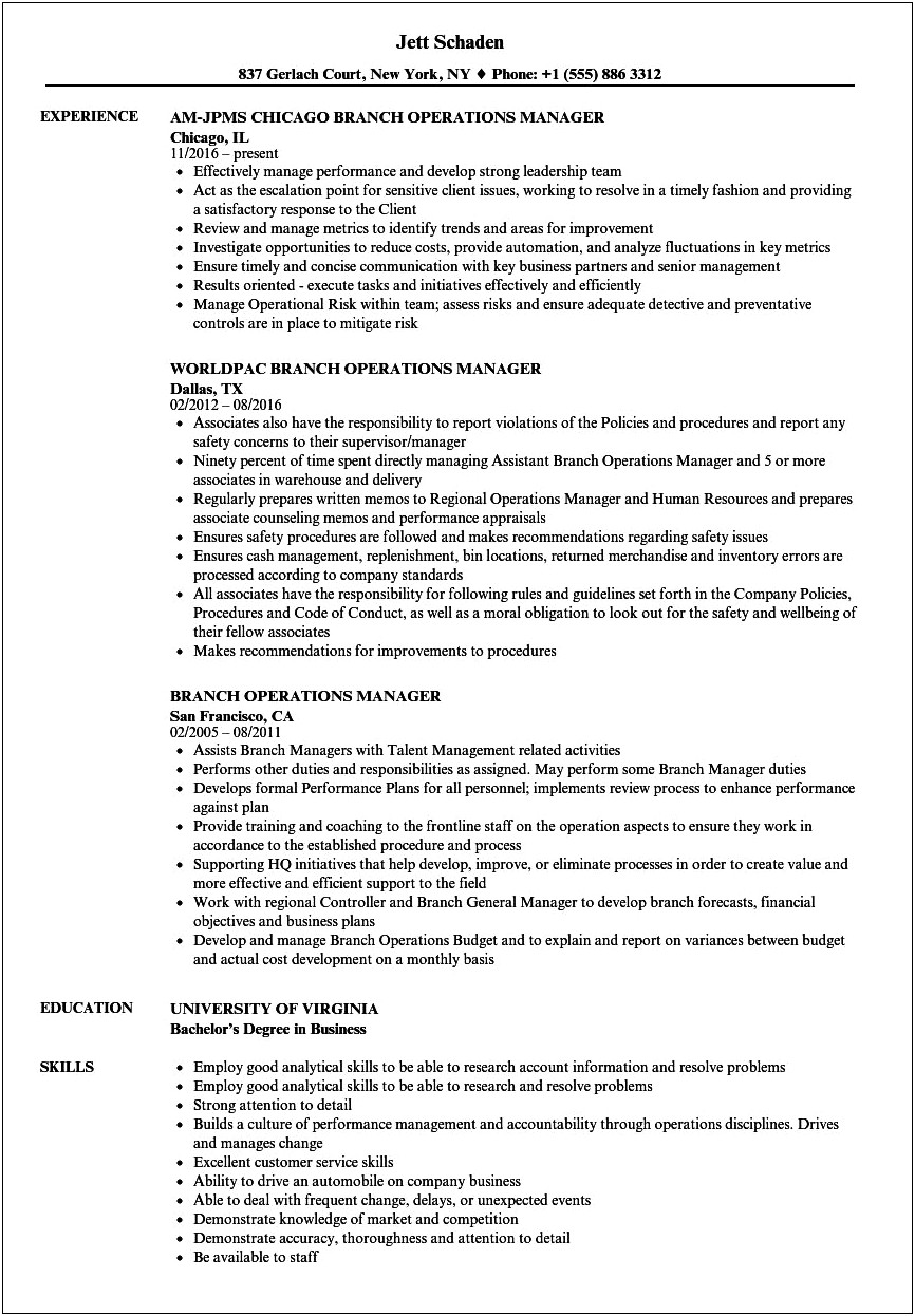 Resume Profile For Bank Operation Manager