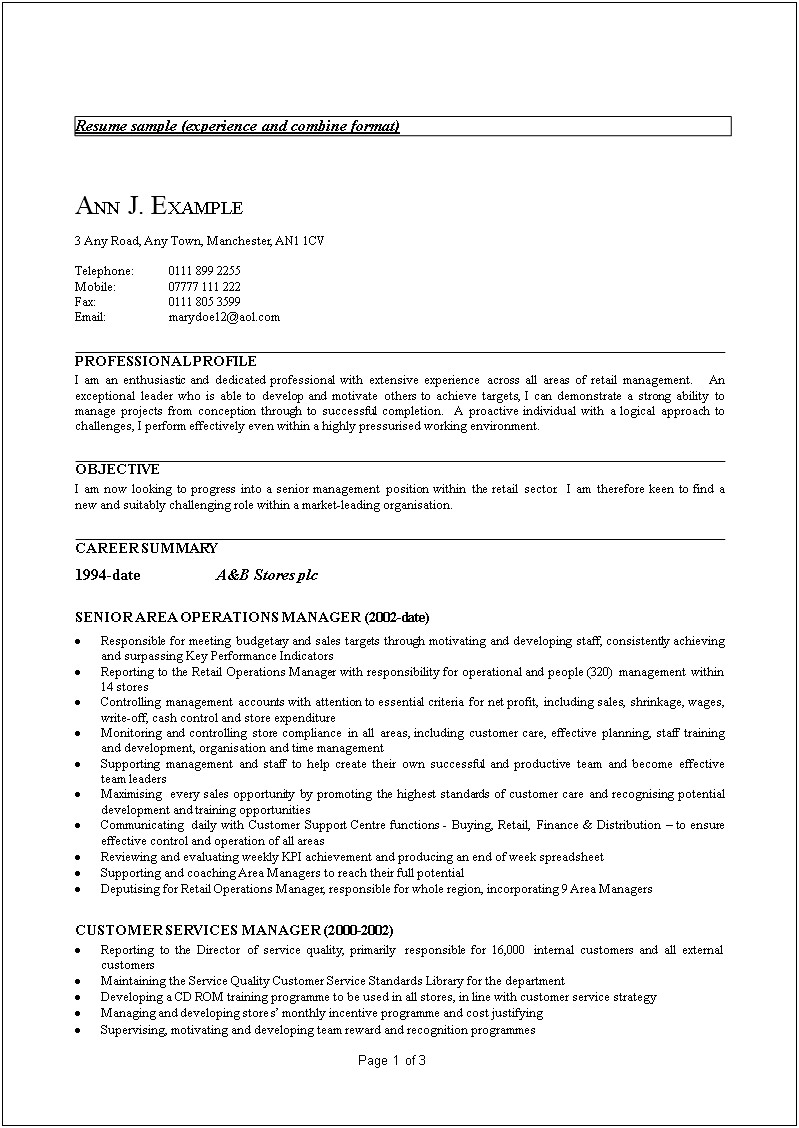 Resume Profile For Customer Service Manager