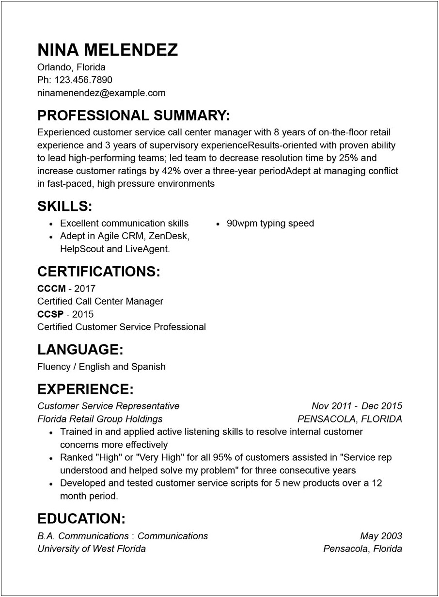 Resume Profile Summary For Customer Service