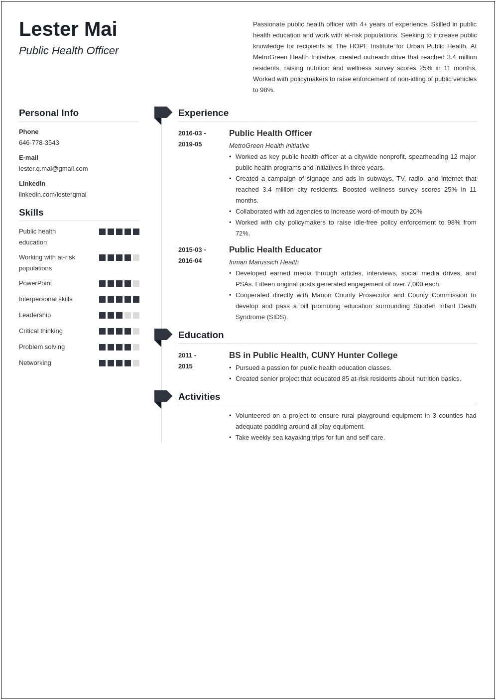 Resume Profile Summary Of Public Health