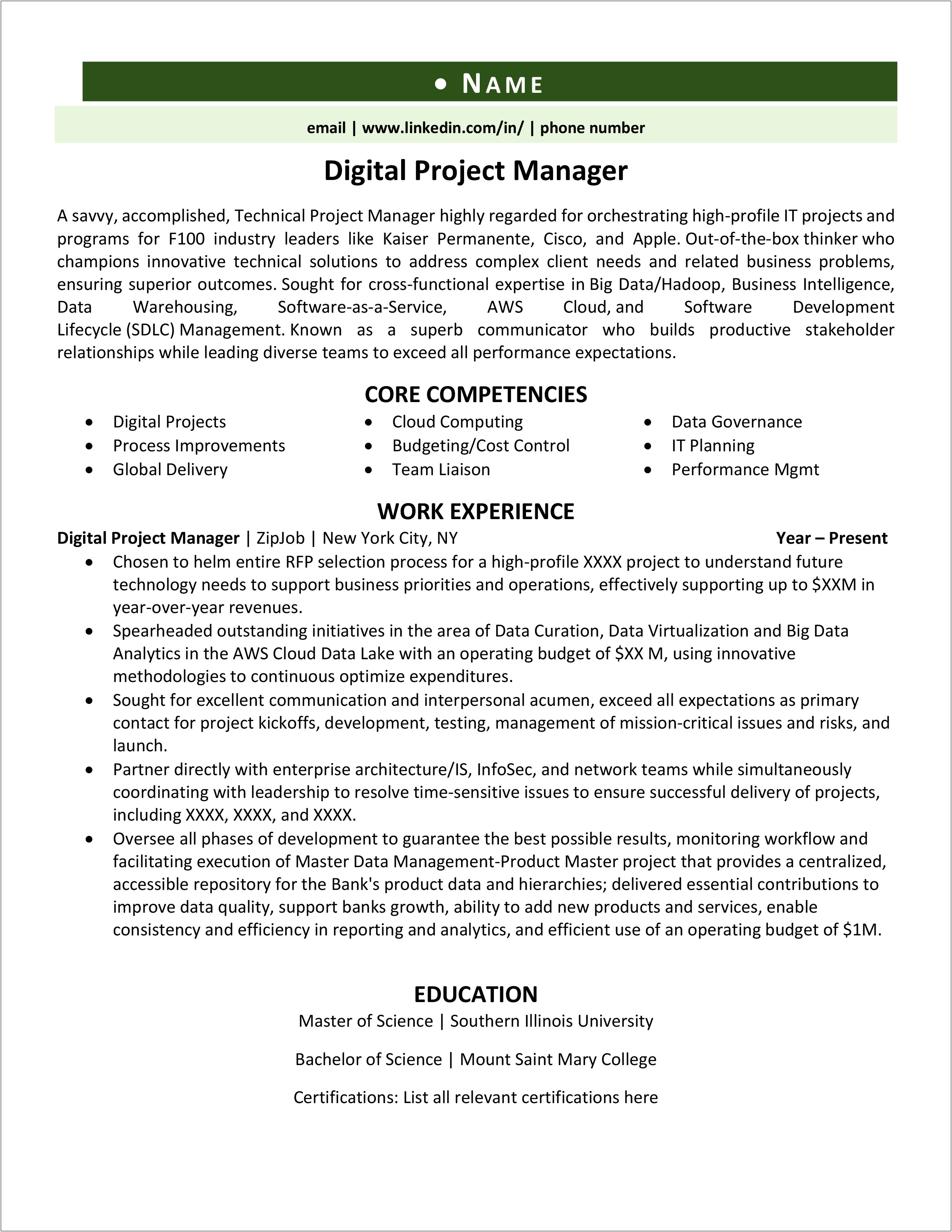 Resume Program Manager For Different Sites