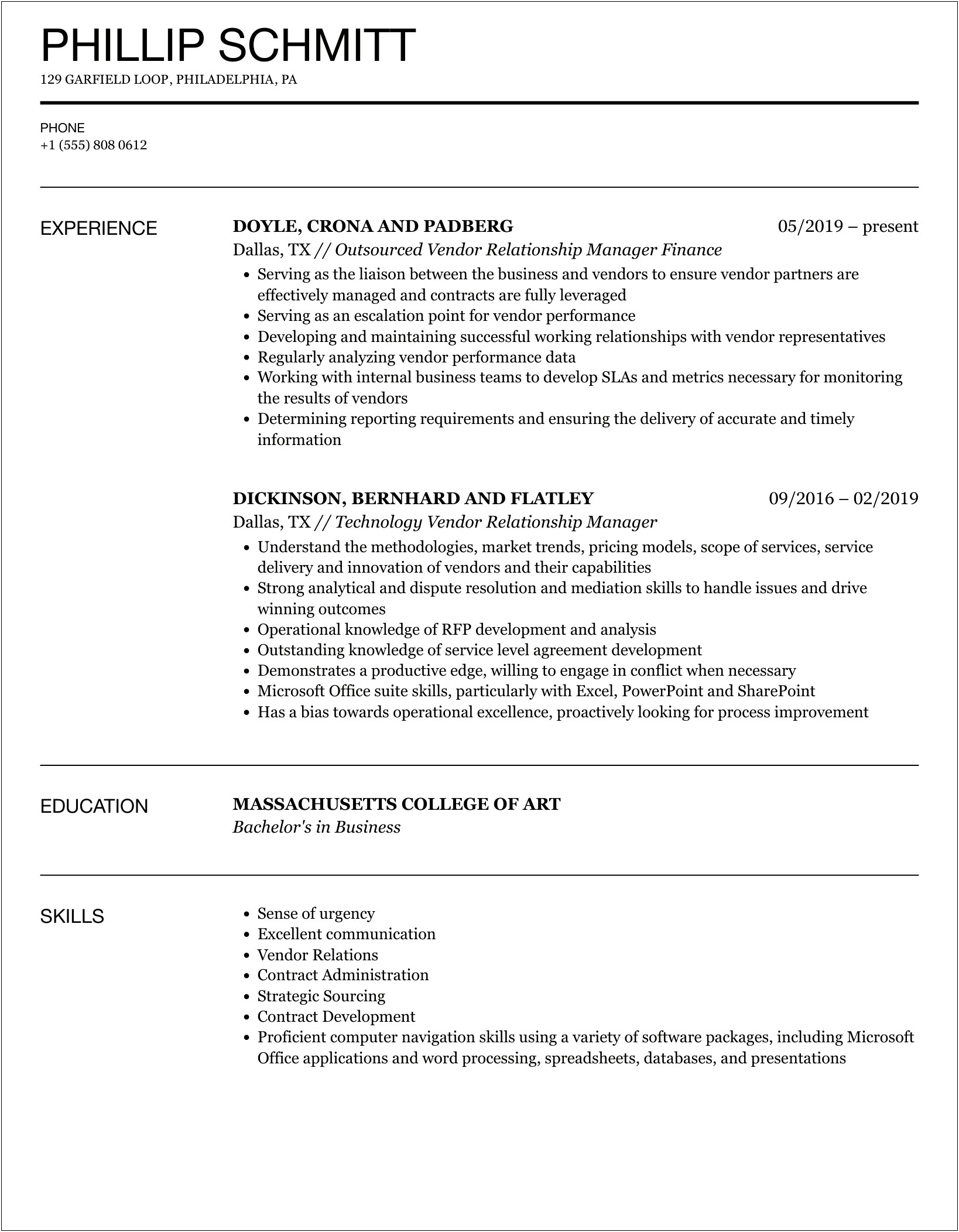 Resume Recommendations Letter From Vendor Relationship