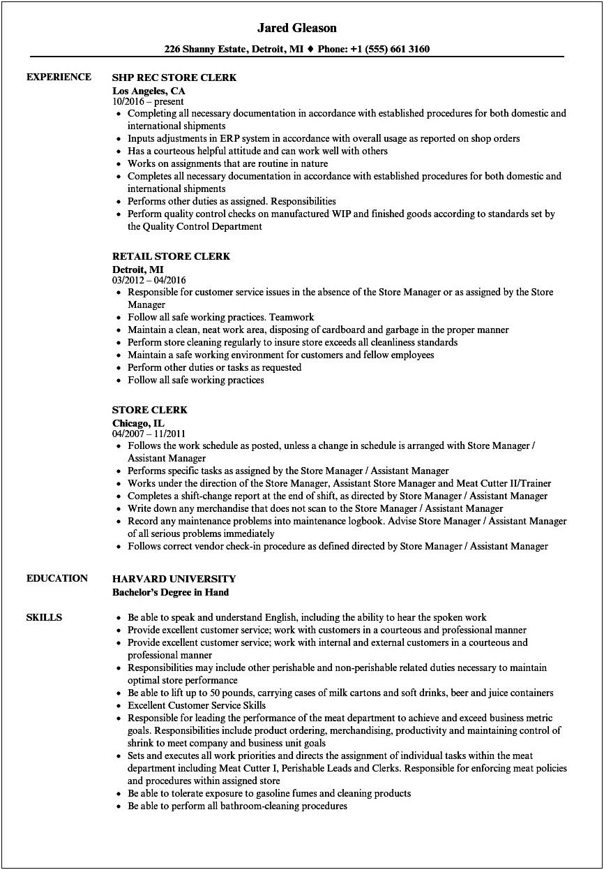Resume Responsibilities And Achievements Examples Convenience Store Associate