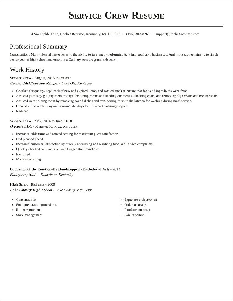 Resume Sample Applying For Service Crew