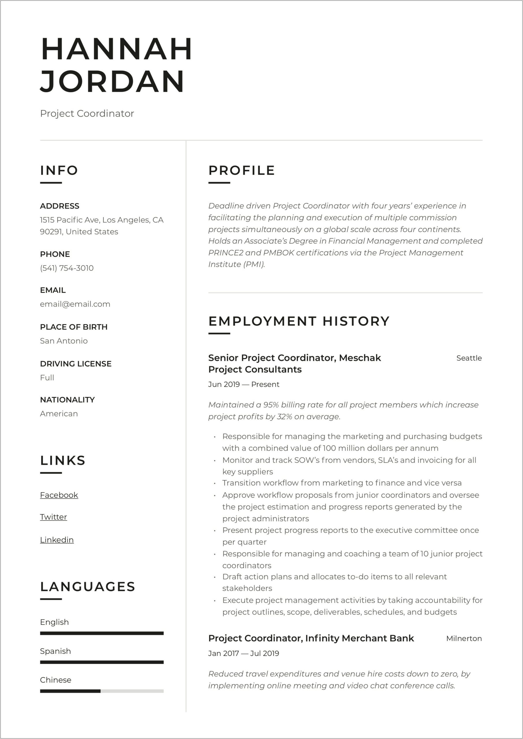 Resume Sample Copy For Project Coordinator