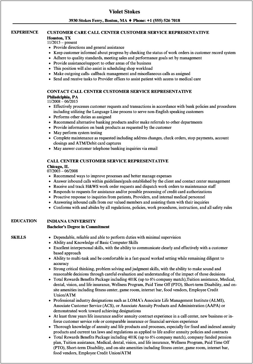 Resume Sample Customer Service Call Center