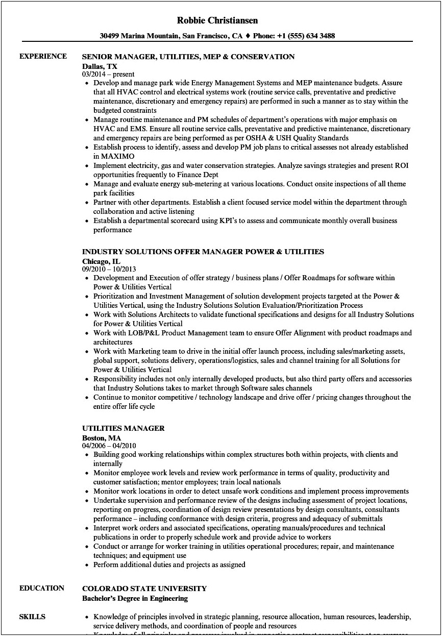 Resume Sample Electrical Utility Operations Manager