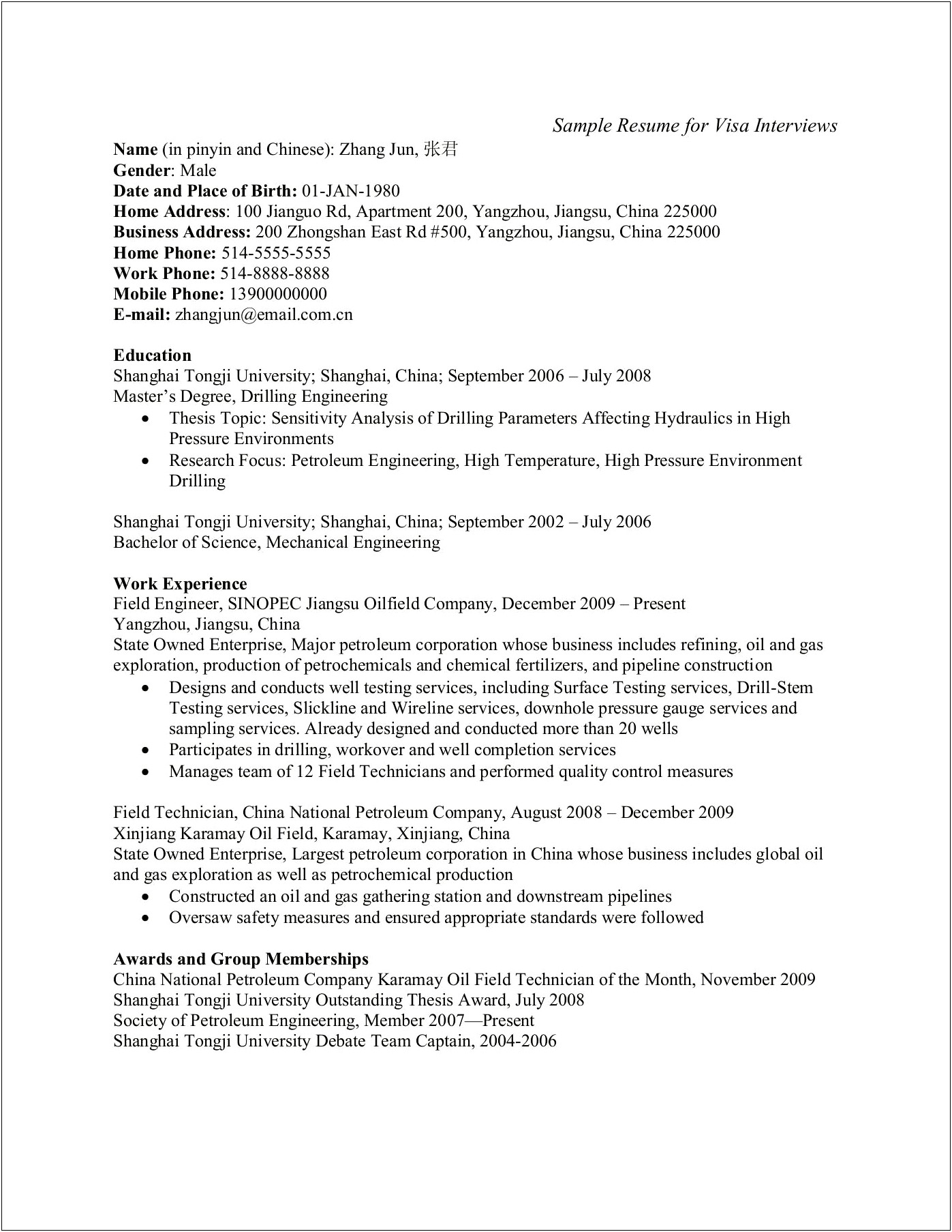 Resume Sample For A Petroleum Engineer