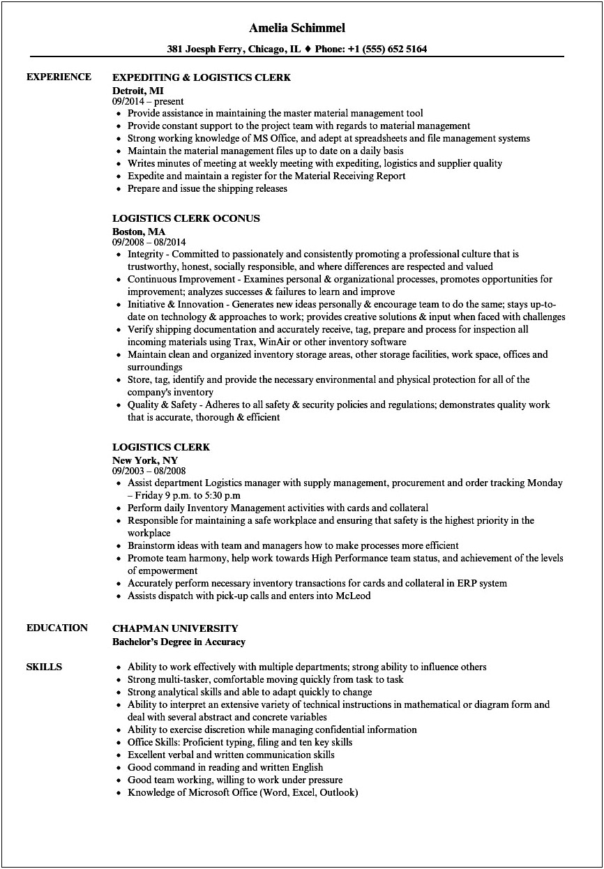 Resume Sample For A Shipping Clerk