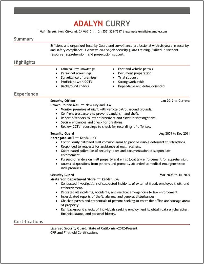 Resume Sample For A Sucurity Guard