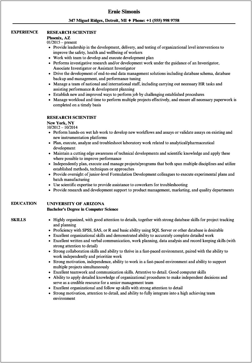 Resume Sample For Biotech Research Assistant Jobs