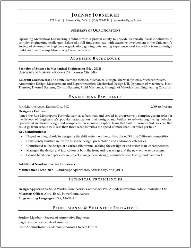 Resume Sample For Fresh Graduate Automotive