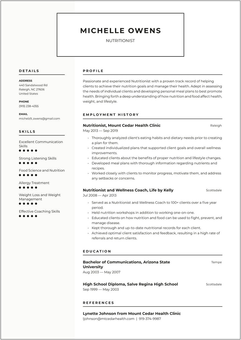 Resume Sample For Fresh Graduate Nutritionist