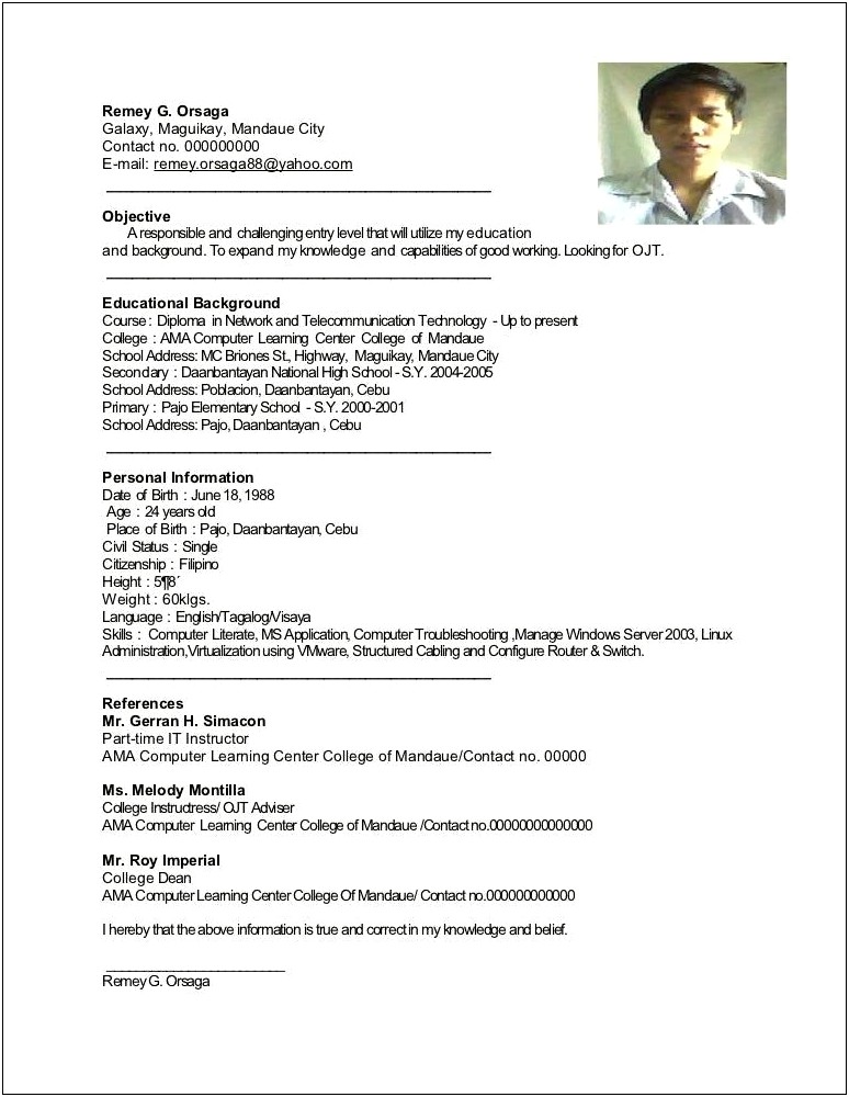 Resume Sample For Fresh Graduate With Character References