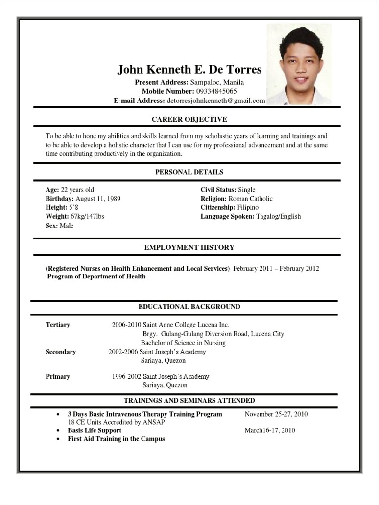 Resume Sample For Job Application Filipino