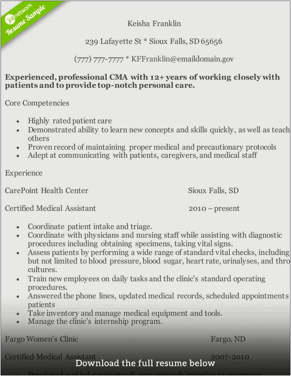 Resume Sample For Medical Assistant Internship
