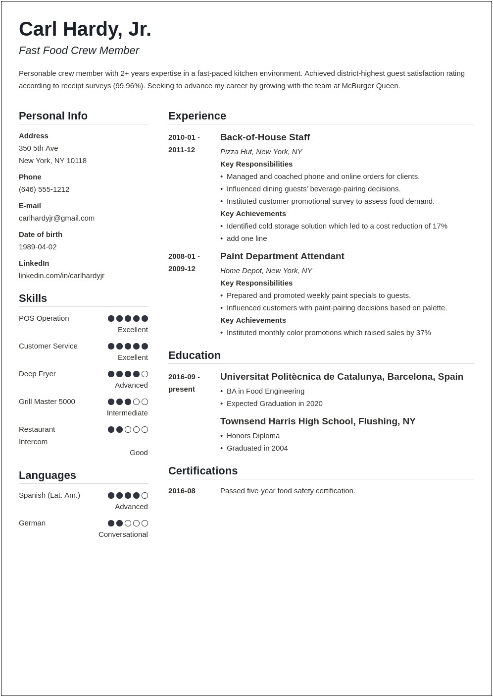Resume Sample For Pizza Hut Job