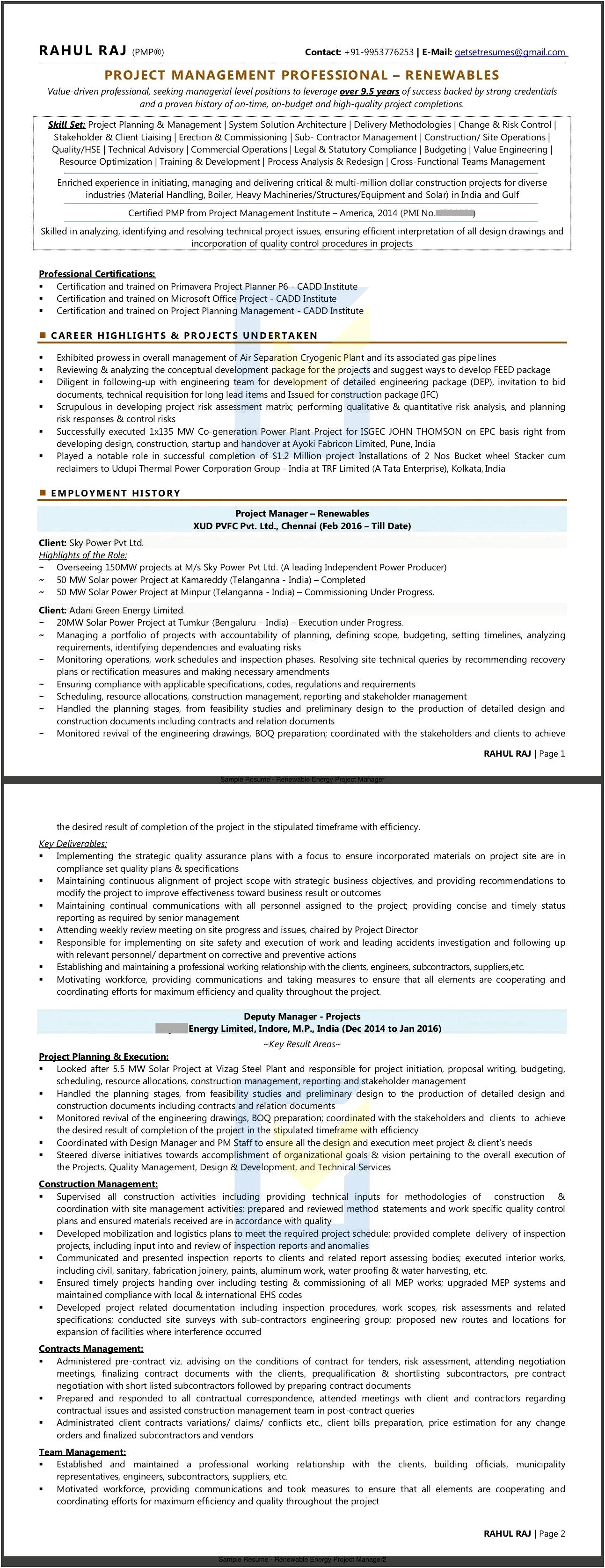 Resume Sample For Solar Project Manager