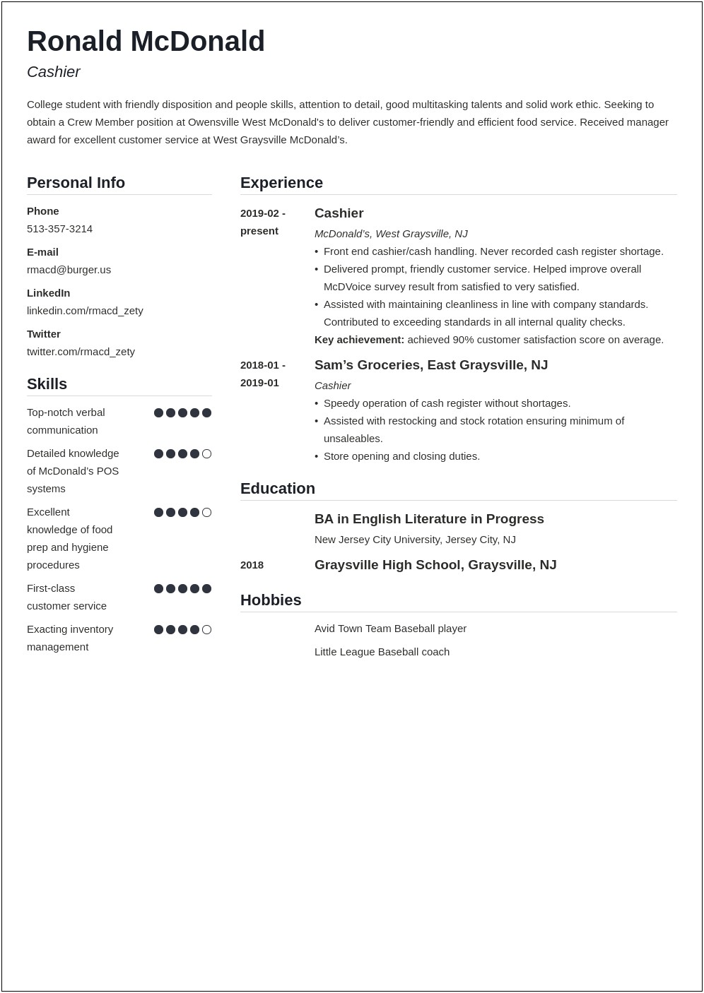 Resume Sample From A Person Working In Mcdonalds