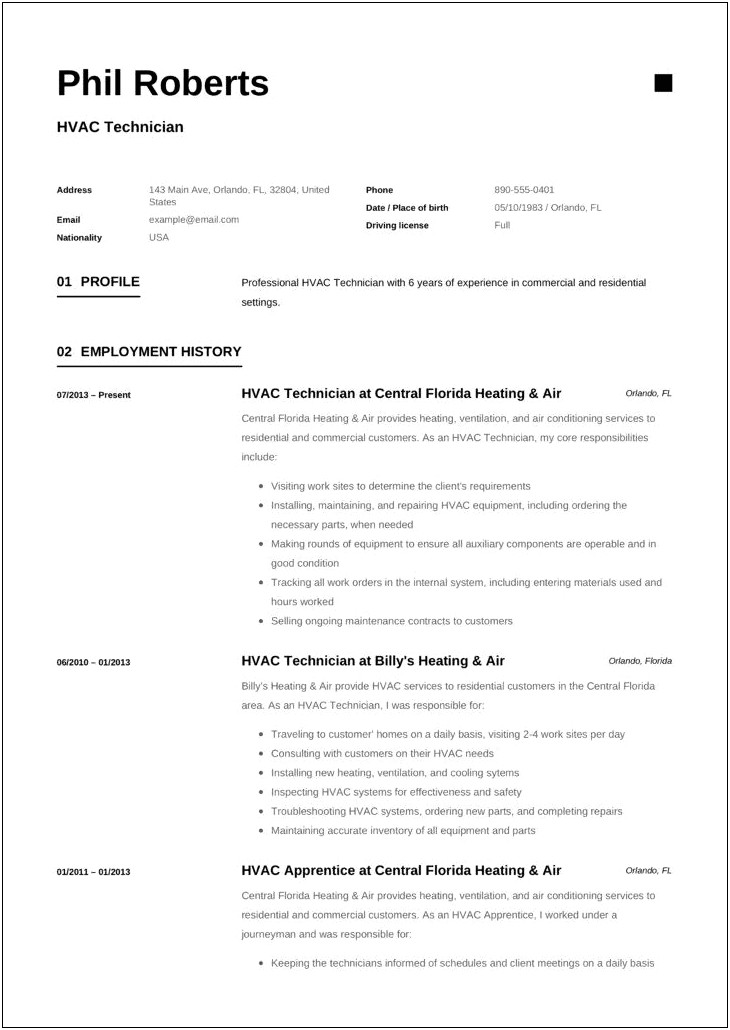 Resume Sample Of Refrigeration And Air Condition Technician
