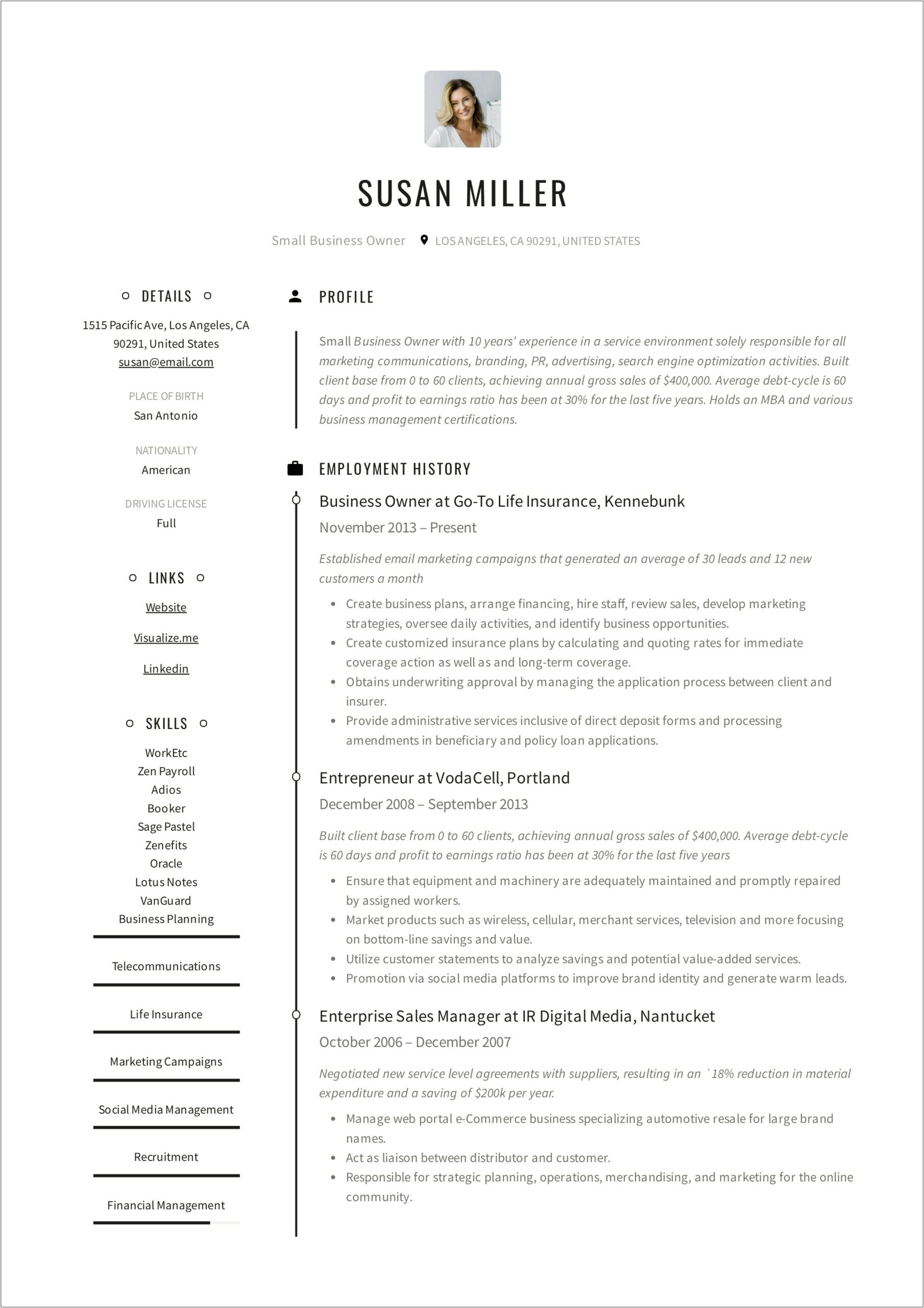 Resume Sample Part Time Business Owner