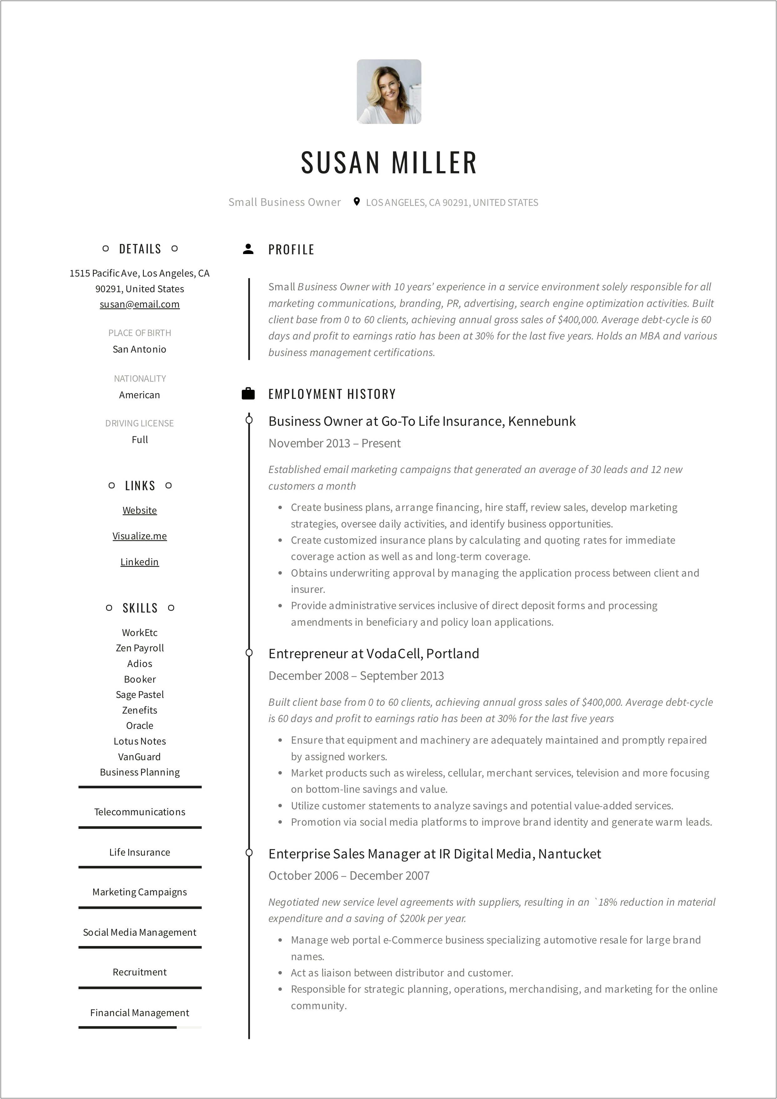 Resume Sample Part Time Business Owner