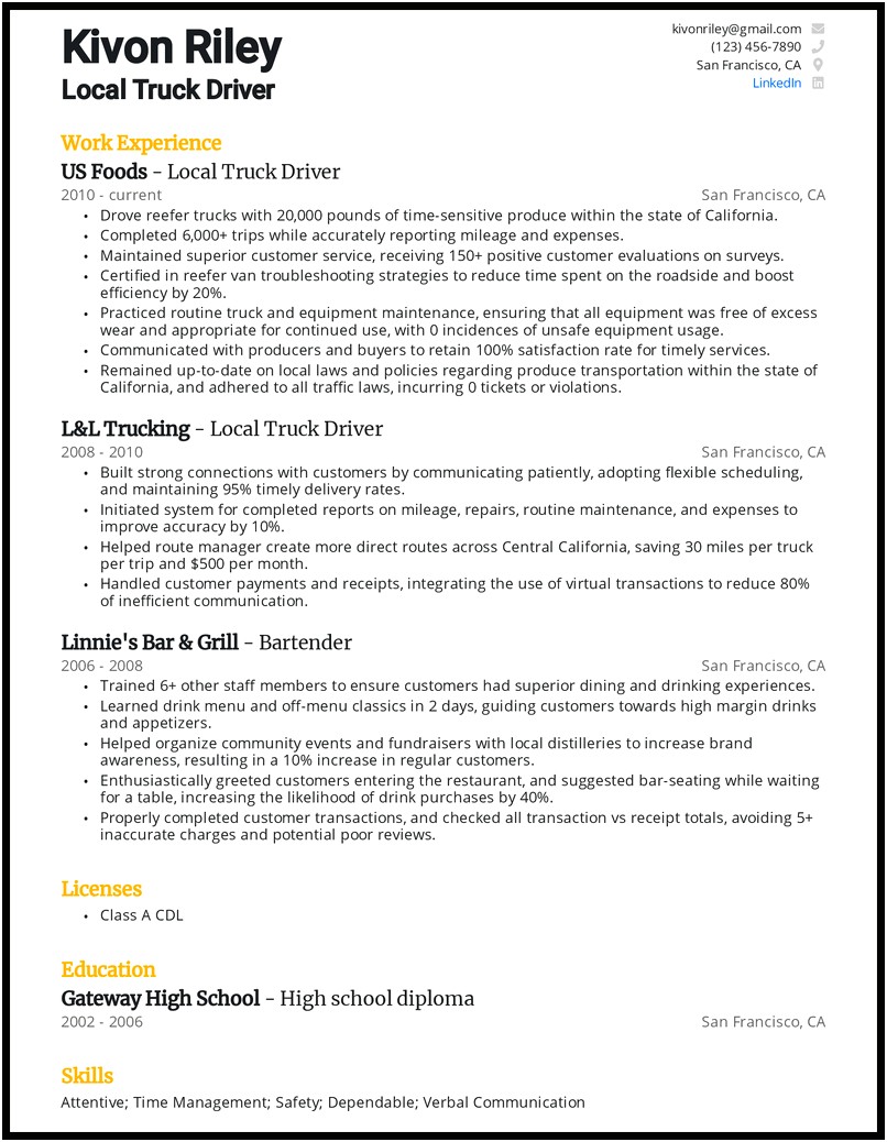Resume Sample Truck Driver Professional Summary