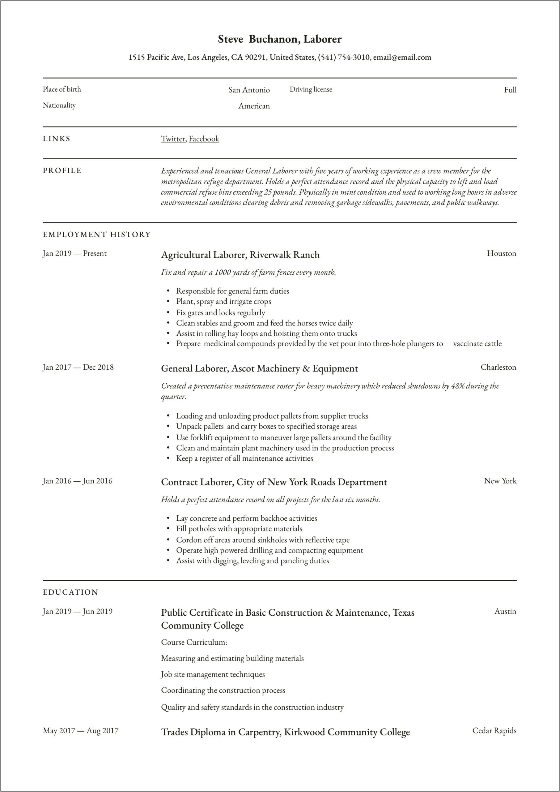 Resume Samples For A Lobor Worker