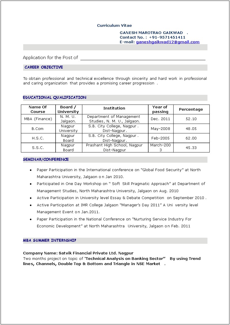 Resume Samples For B Com Freshers Download