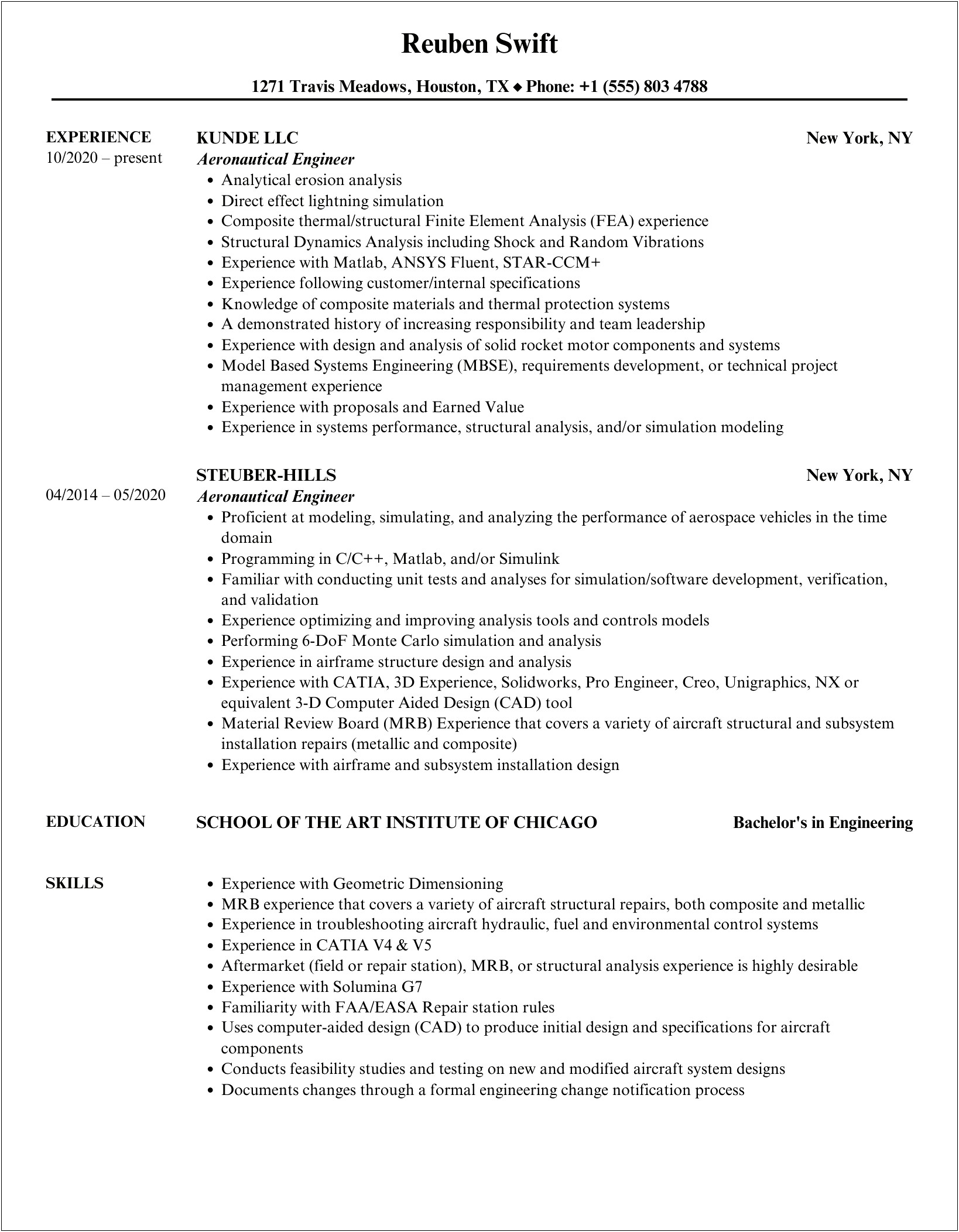 Resume Samples For Fresher Aeronautical Engineers