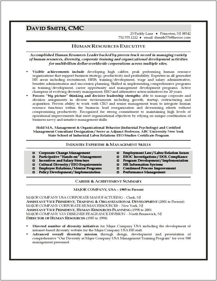 Resume Samples For Human Resources Executive